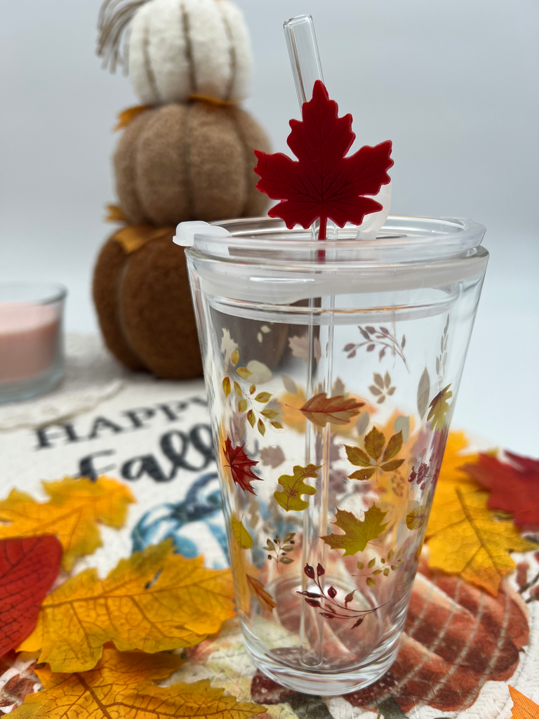 Autumn Leaves Glass Cold Cup with Reusable Straw & Maple Leaf Topper