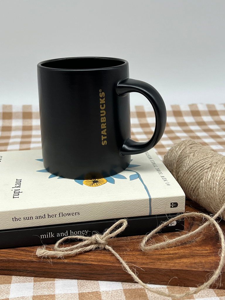 Starbucks Matte Black Coffee Mug with Gold Lettering
