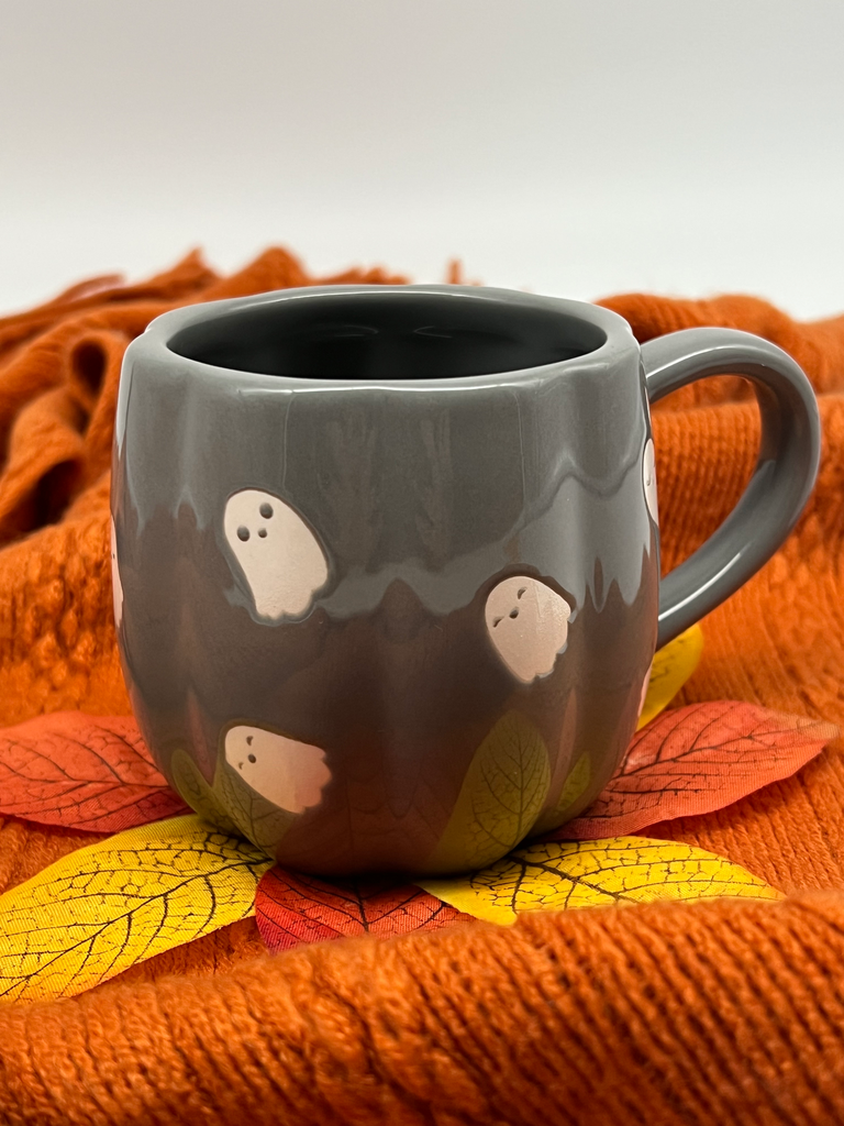 Adorable Grey Ghost Pattern Mug by Trickies – Spooky & Cute!
