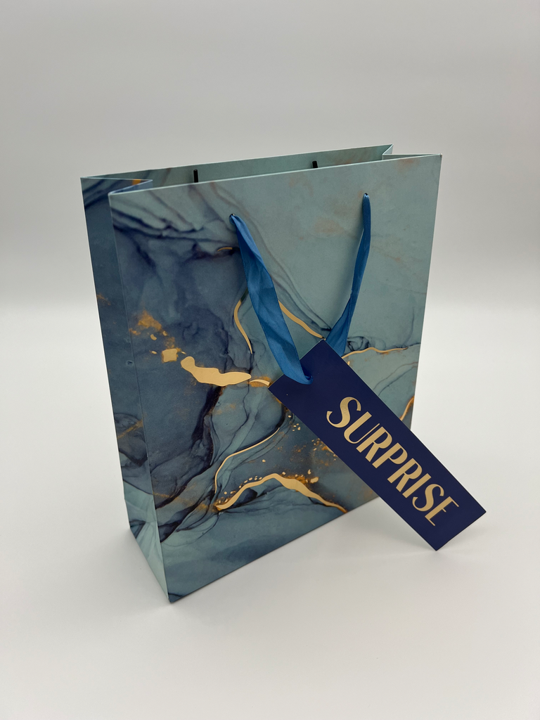 Blue & Gold Marbled Gift Bag with Tag - Medium