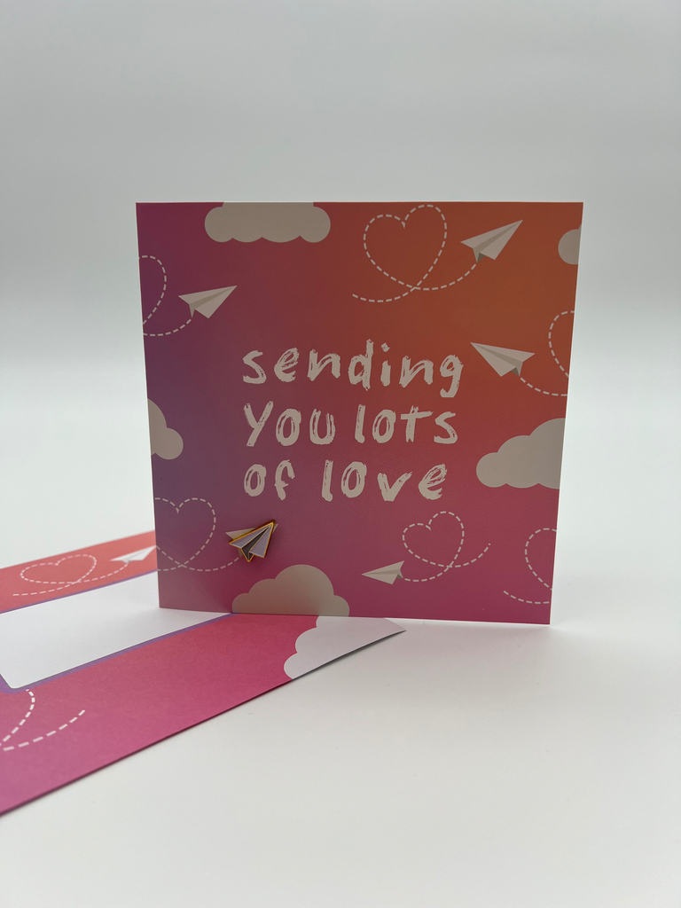 Greeting Card with Paper Plane Enamel Pin – Sending You Lots of Love