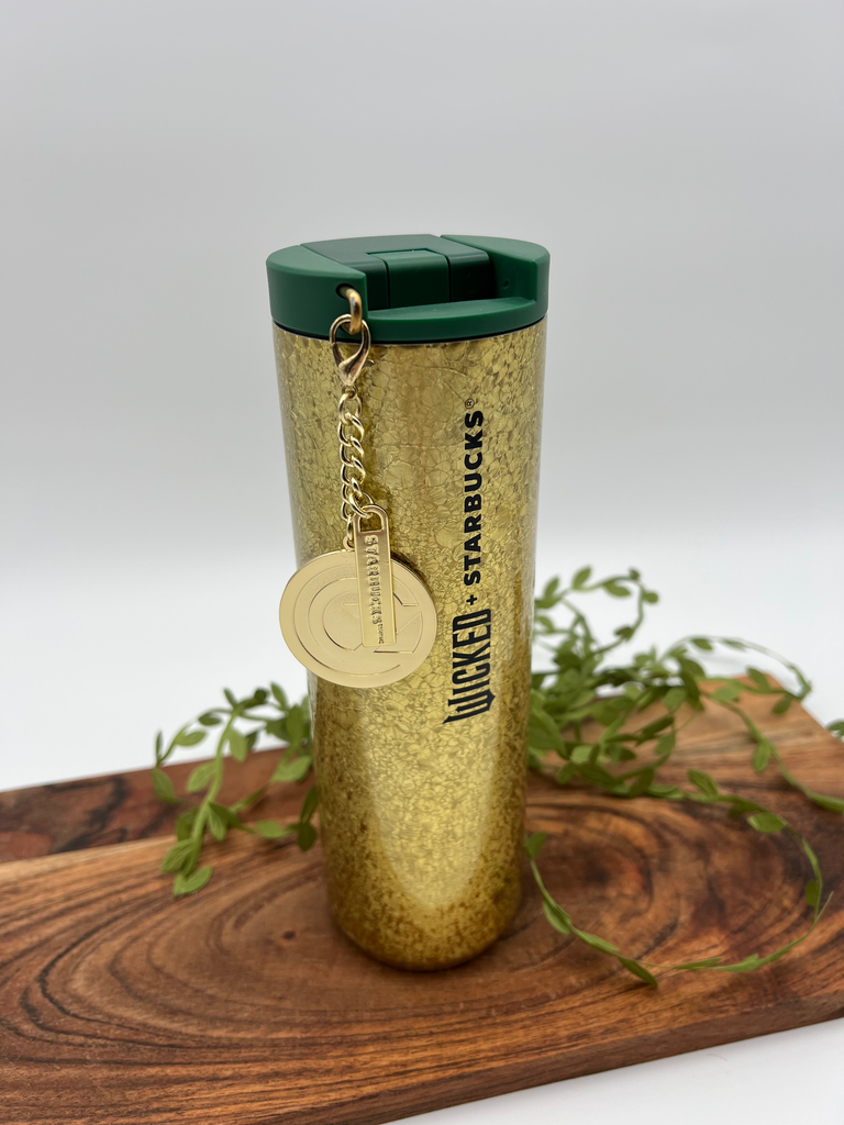 Starbucks x Wicked 2024 Limited Edition Gold Crackle Tumbler with Gold Metal Gift Card Keychain