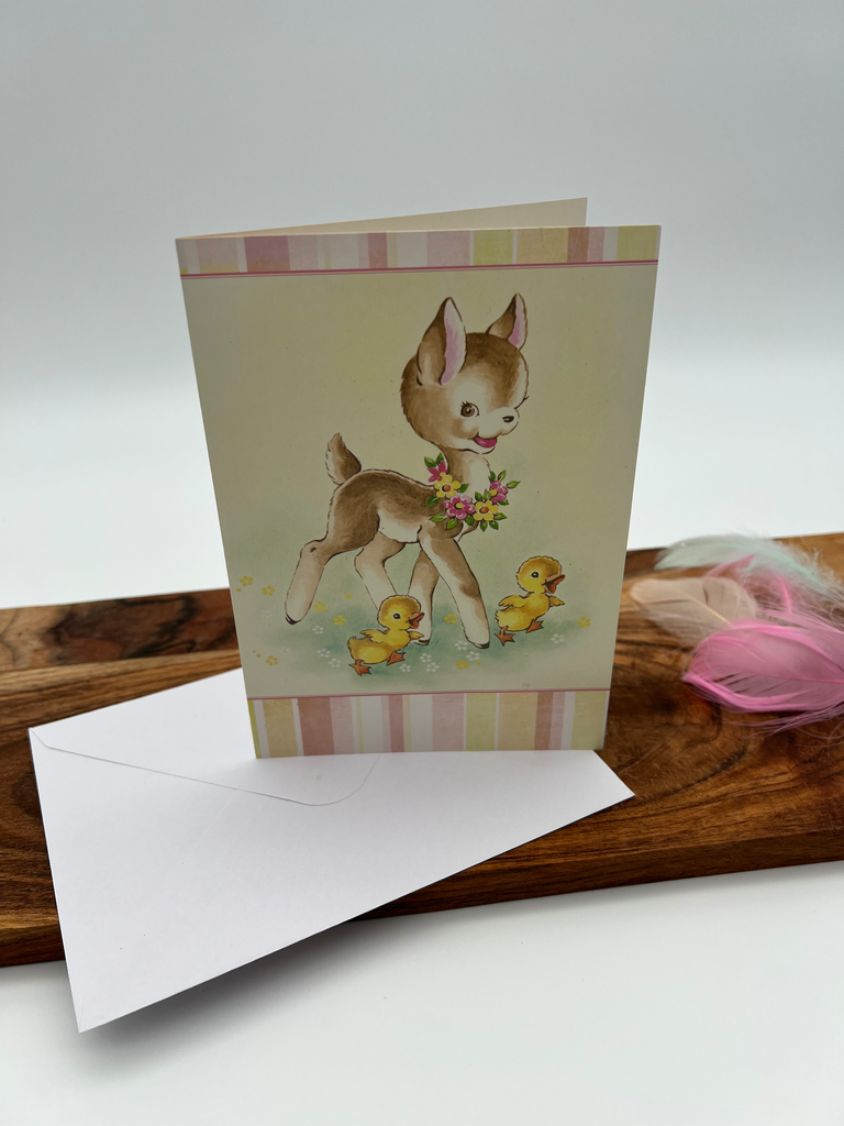 Vintage Easter Lamb & Ducklings Greeting Card – Cottagecore Spring Illustration