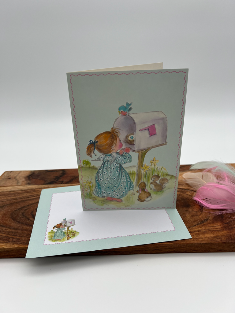 Vintage Spring Storybook Illustration – Girl at the Mailbox Cottagecore Decor