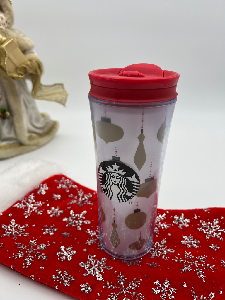 Starbucks Holiday Tumbler – Gold Ornament Print with Red Lid