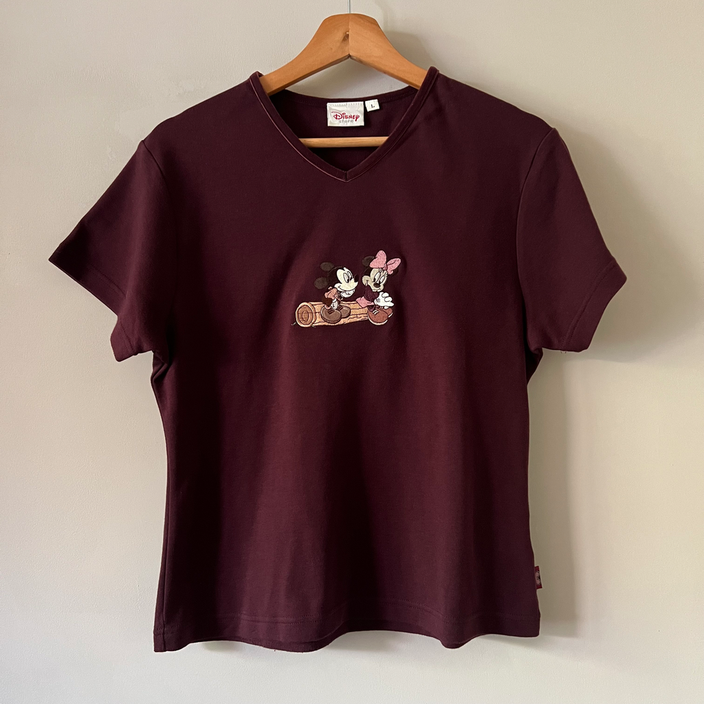 Vintage Disney Store Mickey & Minnie Shirt – Burgundy Embroidered – 90s – Size L